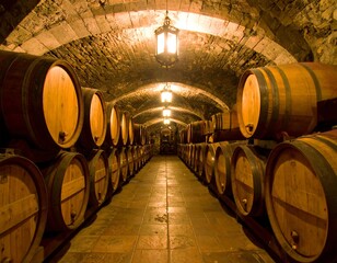 Old wine cellar with wooden barrels