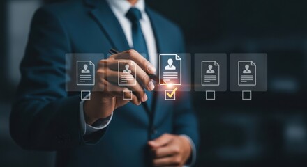 Businessman selecting a qualified candidate profile from a digital list for hiring and recruitment