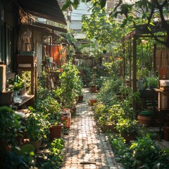 Obraz premium Lush Urban Garden Pathway Surrounded by Vibrant Greenery and Plants