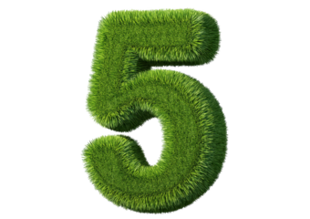 Grass font 3d rendering number 5 isolated on a transparent or white background