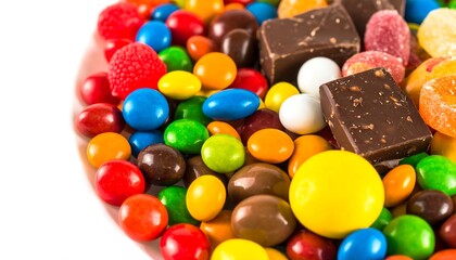 A close-up view of a colorful array of candies, including coated chocolates, hard candies, and chewy sweets.