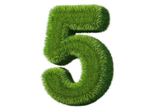 Grass font 3d rendering number 5 isolated on a transparent or white background