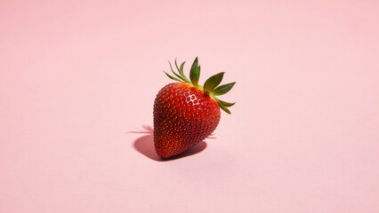 Fresh ripe strawberry with green leaves on a solid pastel pink background, vibrant and minimal.