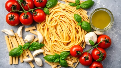Fresh Ingredients for Italian Pasta Dish Tomatoes, Garlic, Basil, and Olive Oil