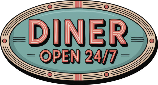 Art deco diner sign vector – vintage style with turquoise and orange accents, open 24 hours design, retro flat vector label with badge icon
