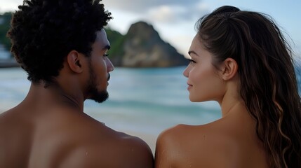 Young diverse couple sharing intimate moment on tropical beach, looking at each other against backdrop of ocean and rocky cliffs during sunset.
