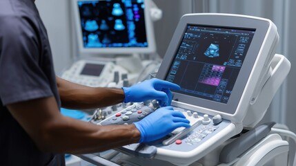 Technician operating advanced ultrasound equipment during a diagnostic scan in a medical clinic. High-quality image on the monitor shows internal structures for precise health examination.