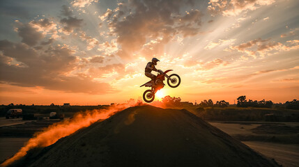Motocross rider in mid-air at sunset