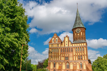 The historic Kaliningrad cathedral in Russia with its distinctive clock tower, embodying European...