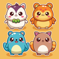 Fototapeta premium Cute cartoon animals with big eyes on orange background