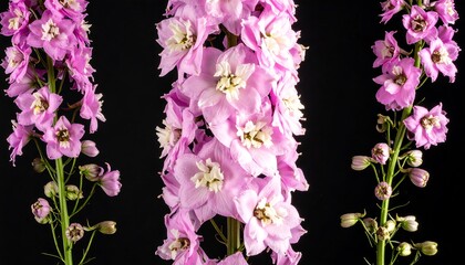 Close-up of three pink delphinium stalks against a black background