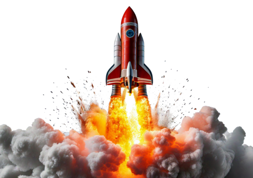 Rockets launching with fire and smoke, isolated on a transparent or white background