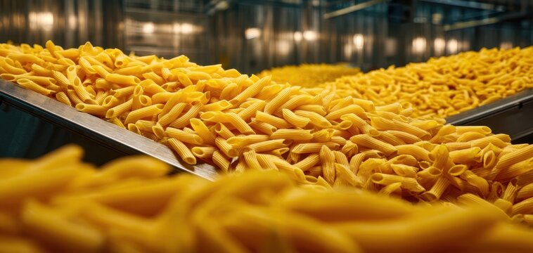 The Penne Pasta Conveyor Line in an Industrial Pasta Production Facility - Powered by Adobe