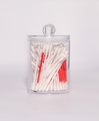 Transparent plastic box with ear swabs 