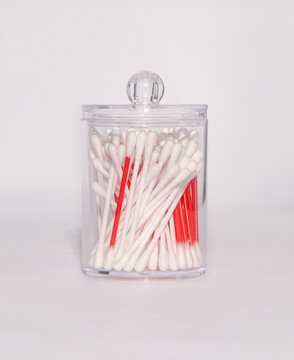 Transparent plastic box with ear swabs 