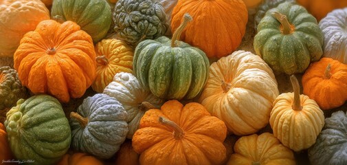 The Pumpkins: Colorful assortment of miniature gourds for autumn harvest and rustic decor