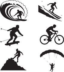 Collage of Extreme Sports Silhouettes Surfing Skiing Biking Parachuting Keywords: sports, extreme
