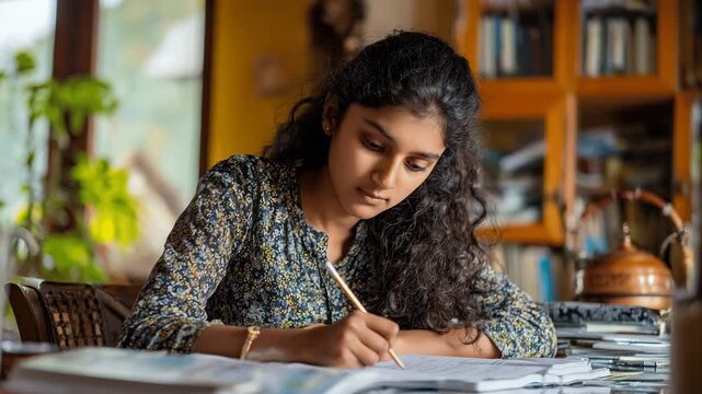 Young indian woman student studying at home, writing notes with pencil. Education learning concept for school, college or university. Teenage girl do homework. Female teenager in India.