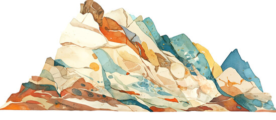 Fototapeta premium Watercolor illustration of abstract mountain landscape featuring layered rocky formations in earthy tones, showcasing vibrant textures and natural beauty with artistic flair