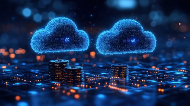 Two glowing cloud icons over stacked coins on a digital circuit board
