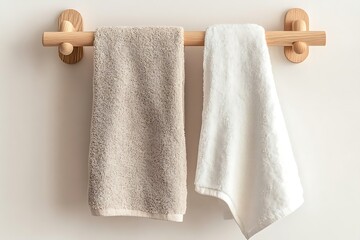 Wooden towel bar with beige and white towels hanging on a white wall