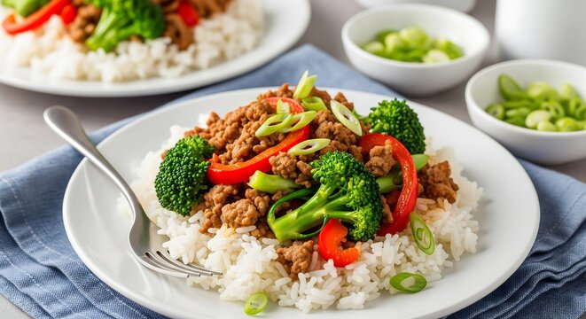 Colorful Ground Beef Stir-Fry with Rice and Fresh Veggies