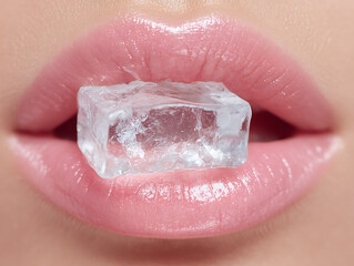 Obraz premium Close up of pink lips holding a clear ice cube with water droplets