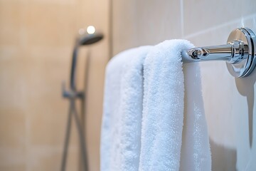 Two fluffy white bath towels hang on a chrome towel bar in a modern bathroom