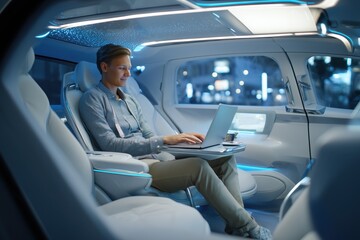 Naklejka na ściany i meble Man working on laptop in autonomous vehicle interior Naklejka na ściany i meble Man working on laptop in autonomous vehicle interior