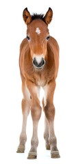 Obraz premium Young brown foal with white star marking on forehead standing against white background, front view portrait of baby horse isolated on clean backdrop.