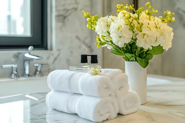 Luxurious bathroom setting with white towels, flowers, and toiletries