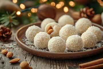 Fototapeta premium Homemade coconut snowball truffles with almonds on rustic wooden plate. Holiday dessert with festive bokeh lights and pine cones in background.