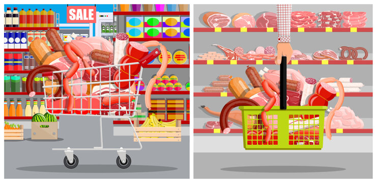 Shopping cart and basket filled with meat products in a grocery store. Supermarket food concept for retail business and consumerism.
