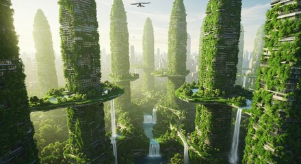 Lush, futuristic cityscape with vertical gardens
