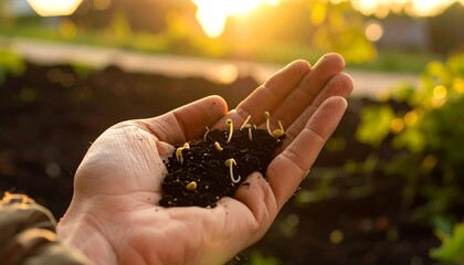 Fototapeta premium Hand holding soil with seedlings at sunset