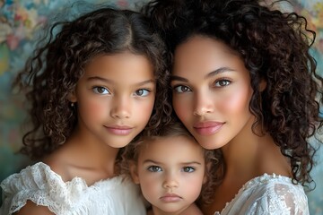 Close up portrait of African American mother and daughters with natural curly hair and white lace dresses against blurred artistic background.