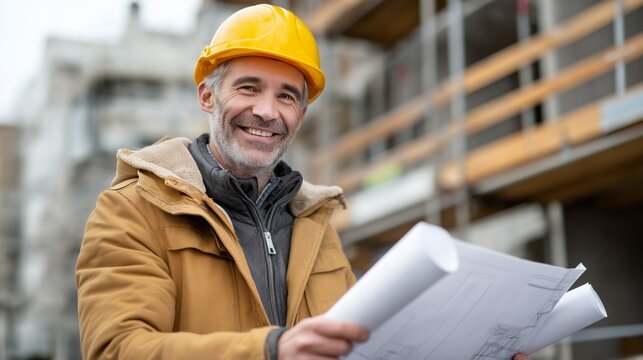 Construction worker reviewing blueprints at a building site on a cloudy day