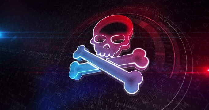 Skull piracy and cyberattack cyber 3d symbol. Digital neon icon concept abstract seamless and looped animation.