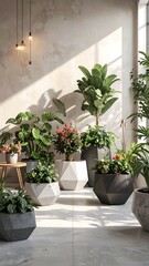 Modern plant display with geometric pots