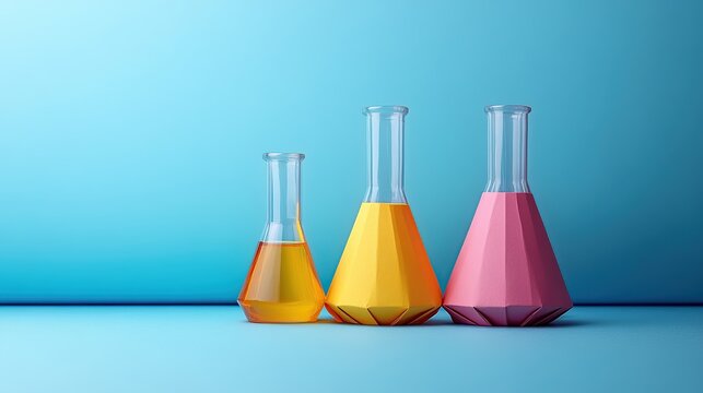 Three colorful geometric laboratory flasks filled with orange pink and yellow liquids arranged neatly on a vibrant blue background representing scientific creativity and modern chemistry