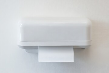 Wall-mounted white dispenser dispensing a single sheet of paper