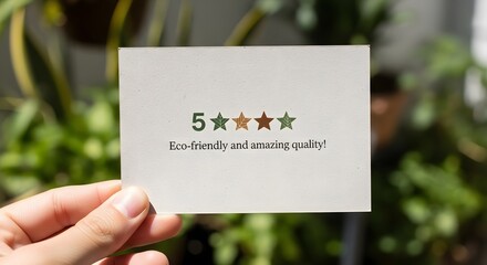 Hand holding a card with five star rating and positive feedback