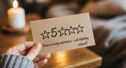 Hand holding a card with five star rating and handwritten message