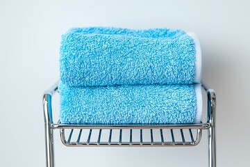 Two light-blue fluffy towels neatly stacked on a chrome rack against a white background