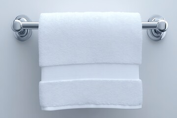 Crisp white bath towel neatly folded and hanging on a chrome towel rack against a light grey wall