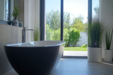 Modern freestanding bathtub in a bright bathroom with sliding glass doors opening to a lush green garden
