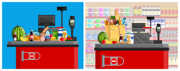 Full grocery bag with fresh food and bar code scanner on supermarket cash register checkout. Shopping concept illustration.