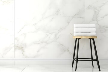 Stacked white towels on a wooden stool against a marble wall