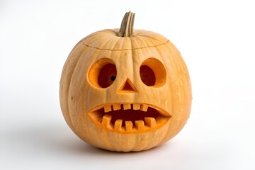 Spooky Carved Butternut Squash with Sharp Teeth Face on White Background