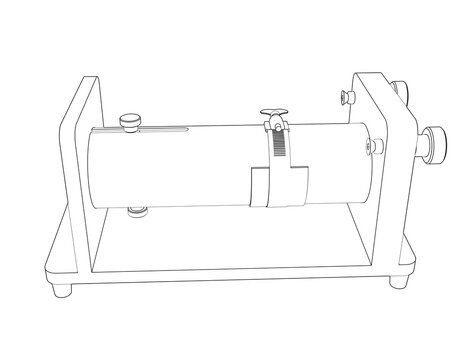Technical schematic vector of a mouse restraint device used in preclinical laboratory research. Monochrome outline illustration of scientific testing equipment and rodent experimentation apparatus.